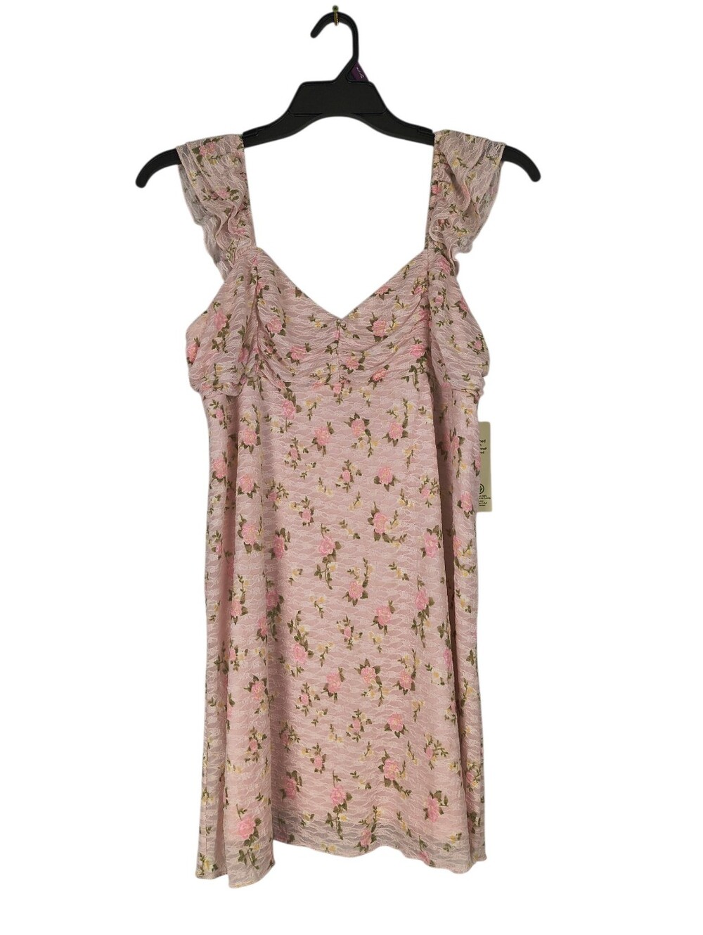 No Boundaries Mini Dress Women's XL Pink Floral Double Ruffle Sleeveless Ruched